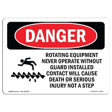 Signmission OSHA Danger Sign, Rotating Equipment Never Operate, 10in X 7in Rigid Plastic, 10" W, 7" H, Landscape OS-DS-P-710-L-2444